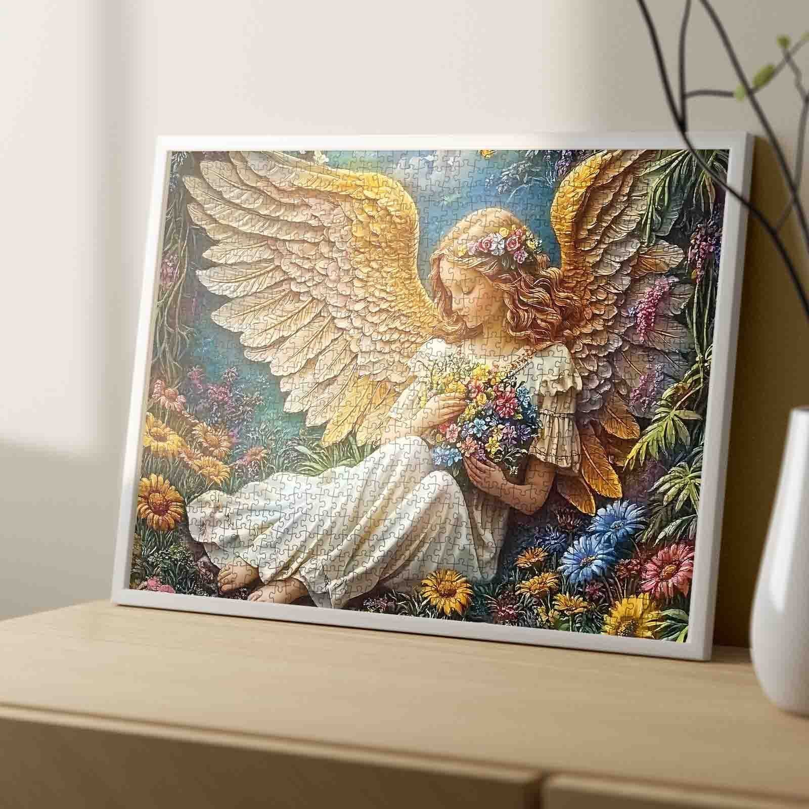Golden Wing Angel in Flower Meadow Jigsaw Puzzle