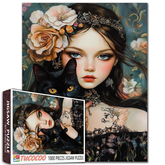 Gothic Beauty with Black Cat Jigsaw Puzzle