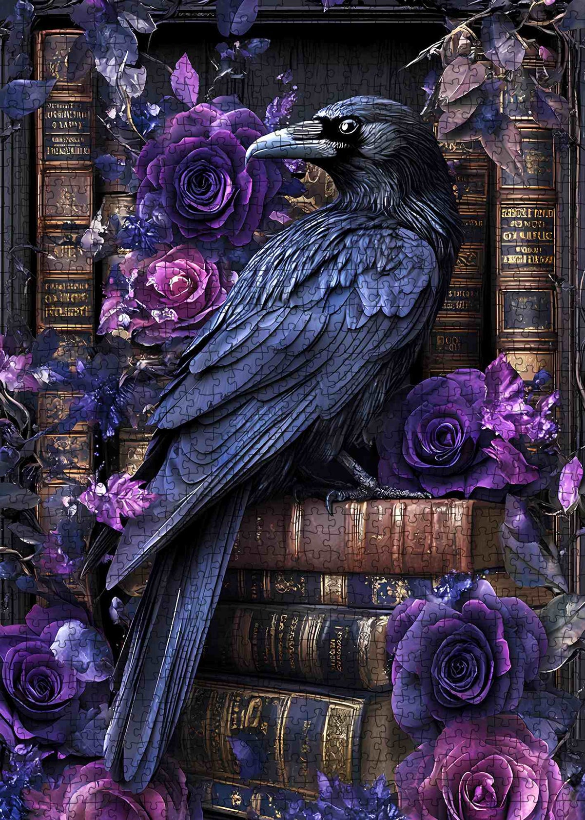 Gothic Raven and Purple Roses Jigsaw Puzzle