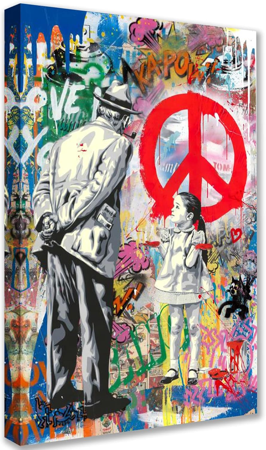 Banksy Graffiti Little Girl Peace Sign Canvas Wall Art