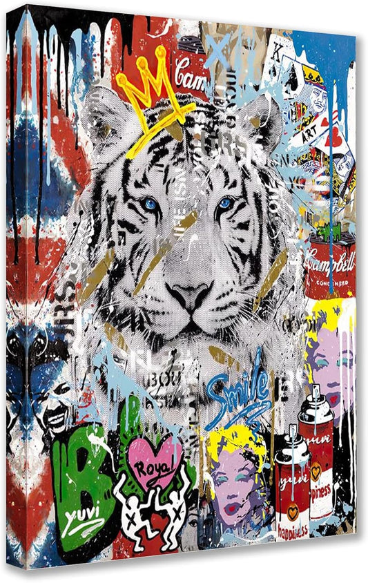 Graffiti White Tiger with Crown Canvas Wall Art