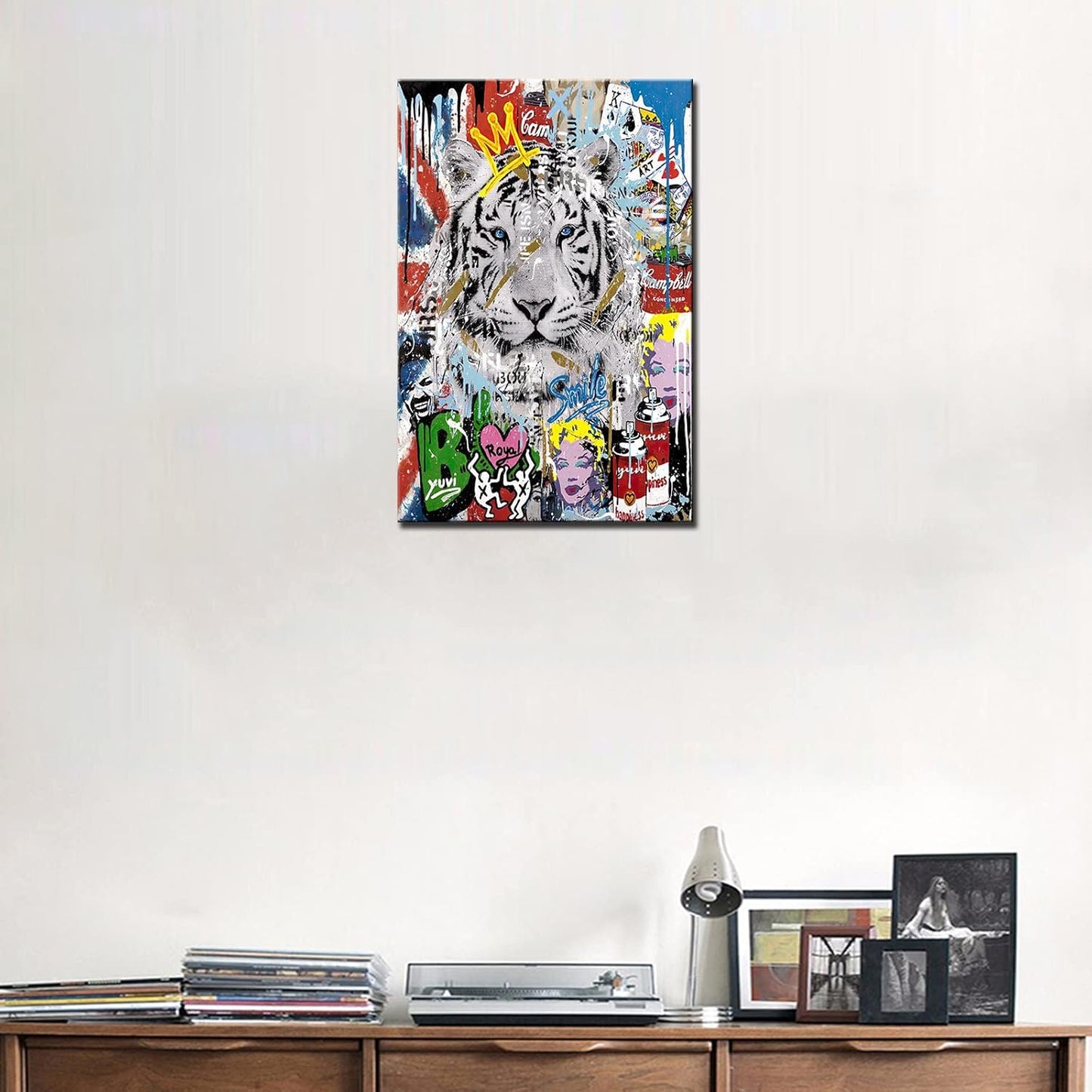 Graffiti White Tiger with Crown Canvas Wall Art