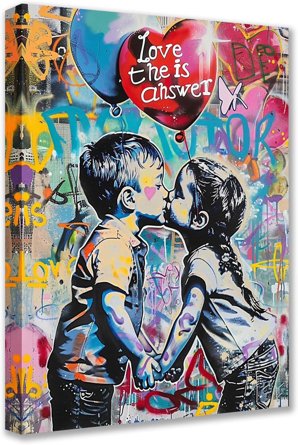 Graffiti Style Boy and Girl Kissing Canvas Wall Art