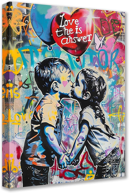 Graffiti Style Boy and Girl Kissing Canvas Wall Art