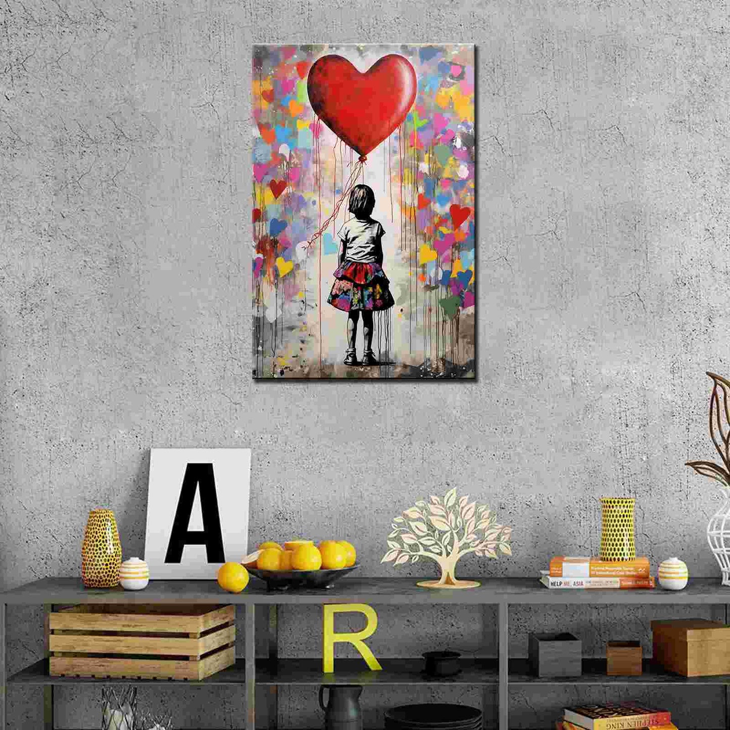 Girl with Red Heart Balloon Graffiti Canvas Wall Art