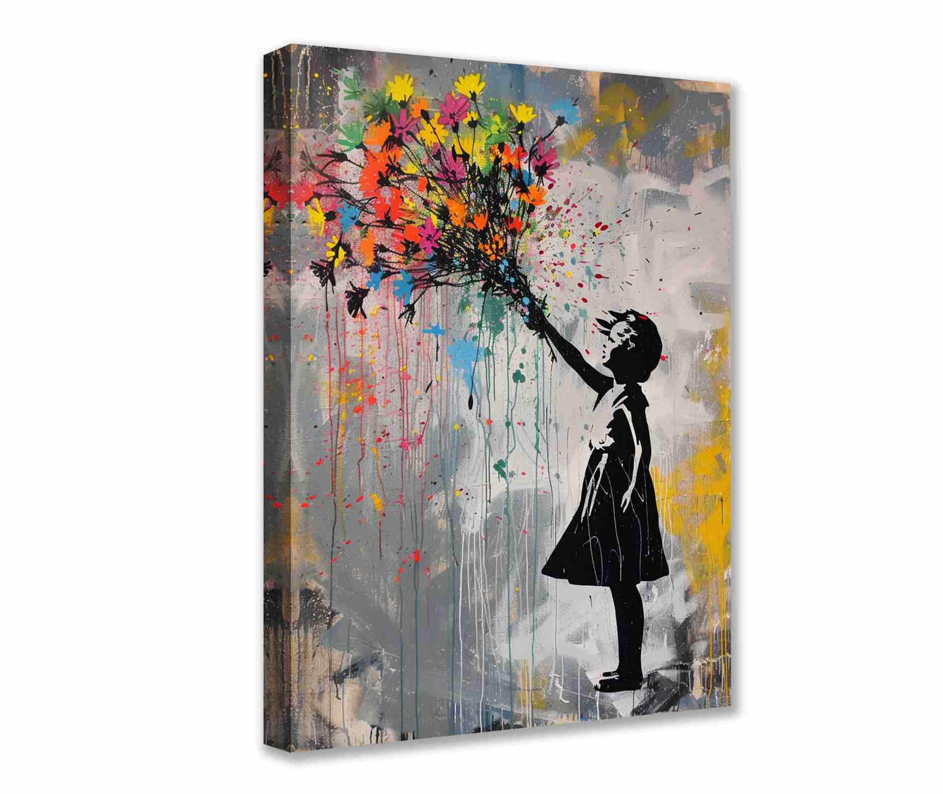 Girl with Flower Bouquet Graffiti Canvas Wall Art