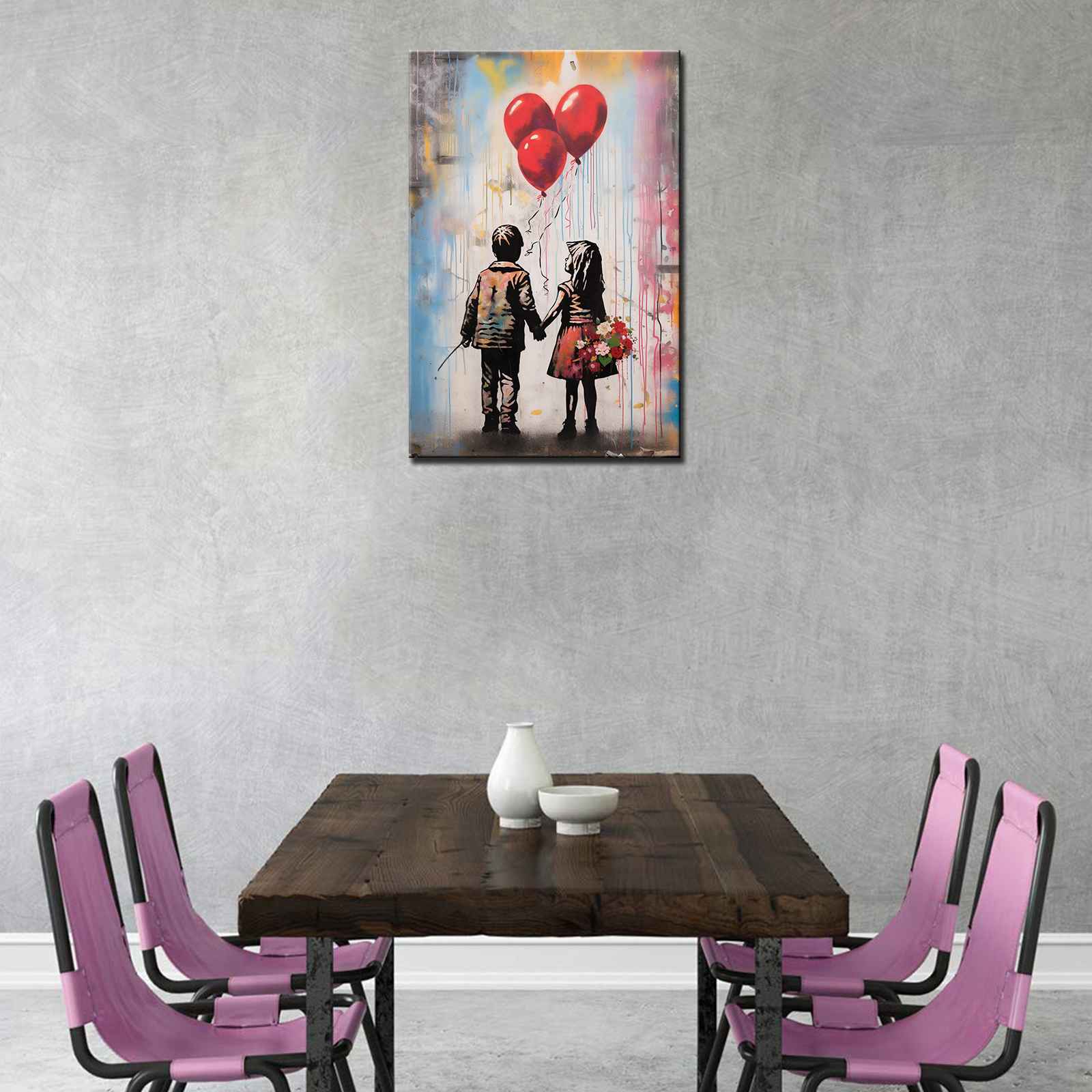 Kids Holding Hands with Balloons Graffiti Canvas Wall Art