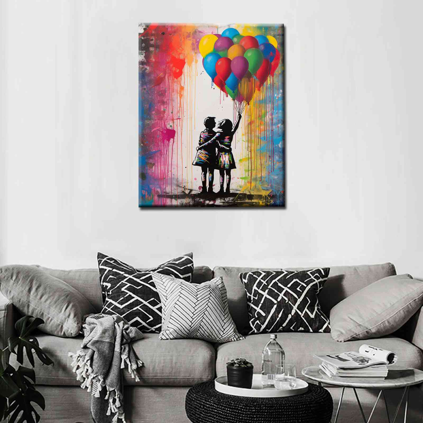 Kids with Colorful Balloons Graffiti Canvas Wall Art