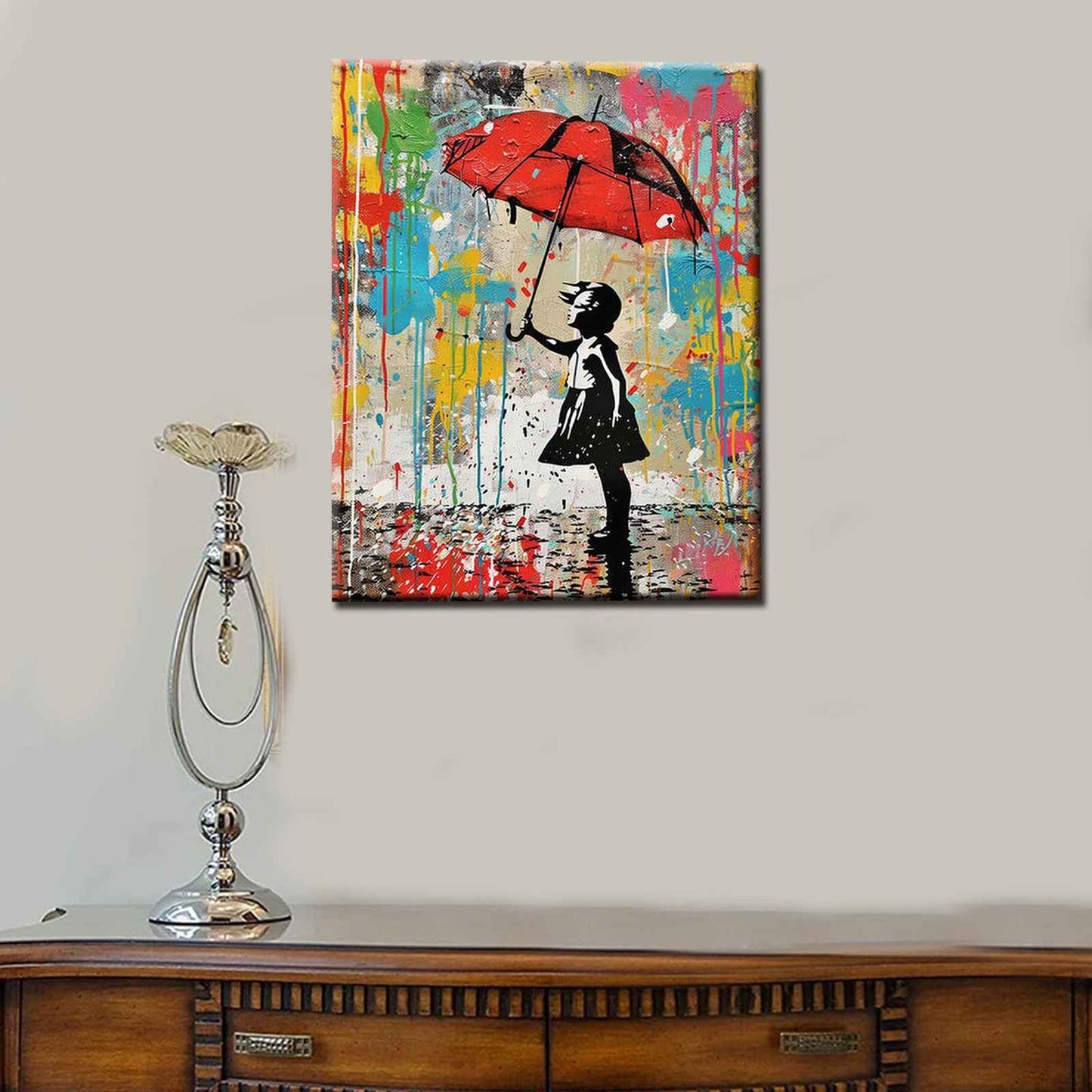 Girl with Red Umbrella Graffiti Canvas Wall Art