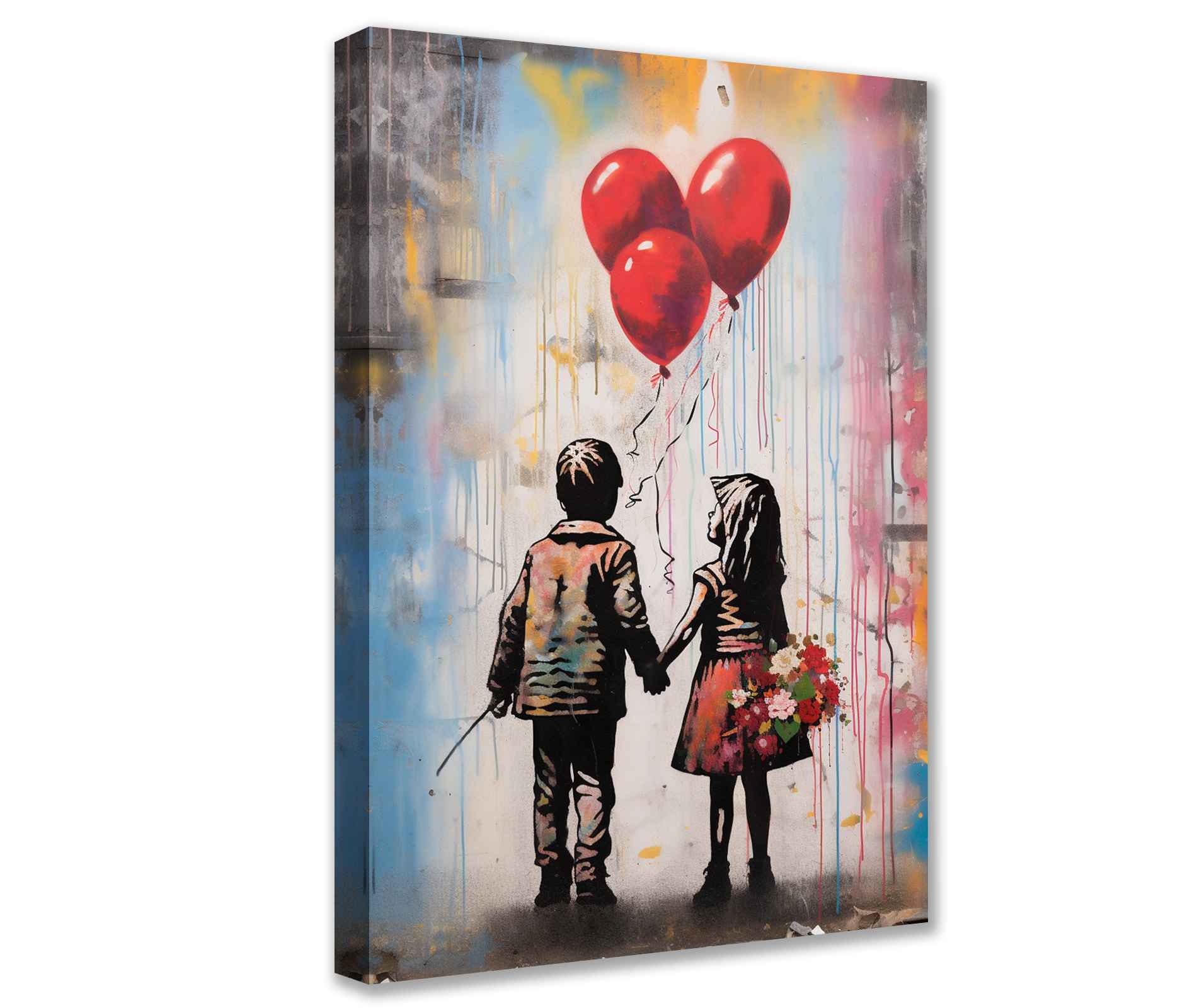 Kids Holding Hands with Balloons Graffiti Canvas Wall Art