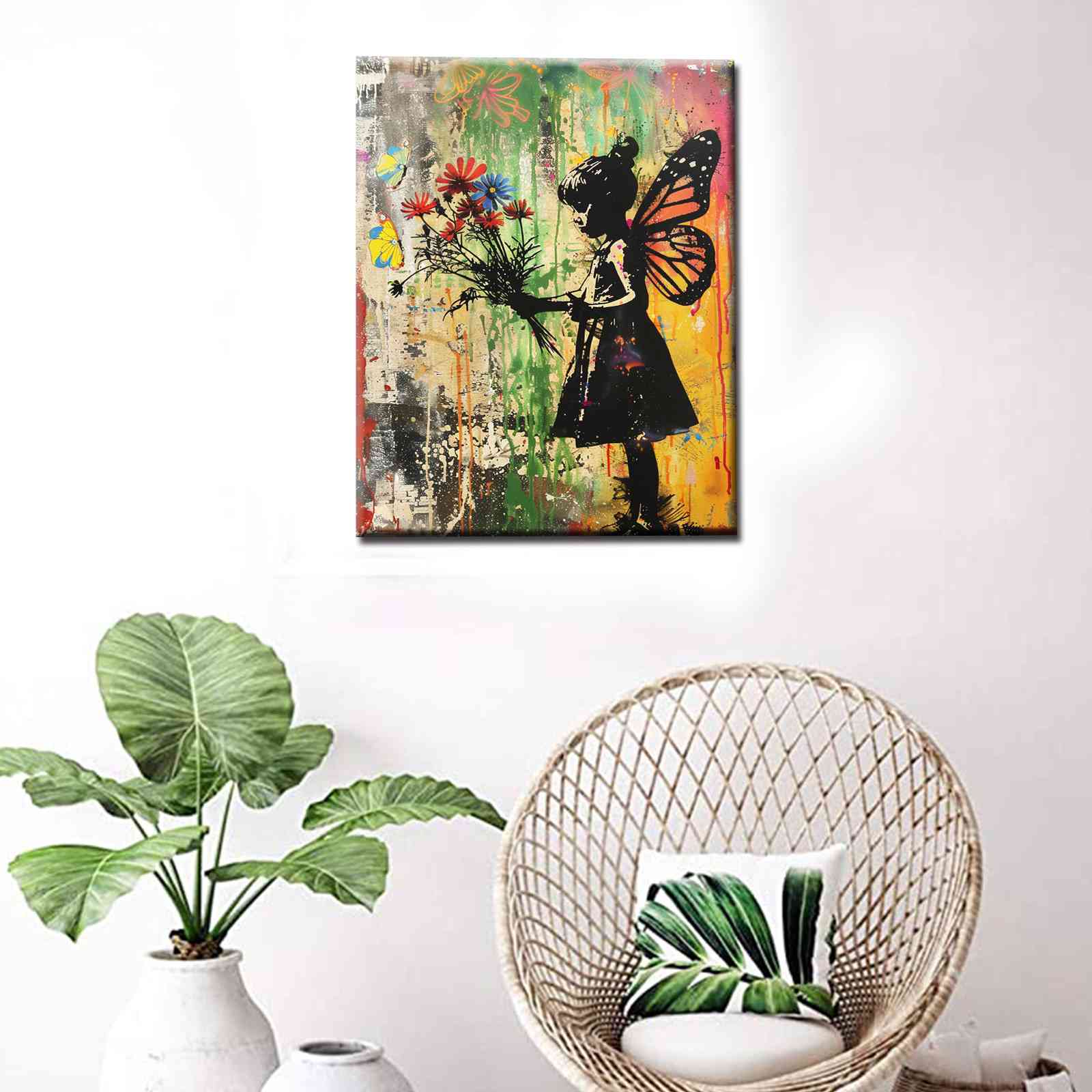 Fairy Girl with Flowers Graffiti Canvas Wall Art