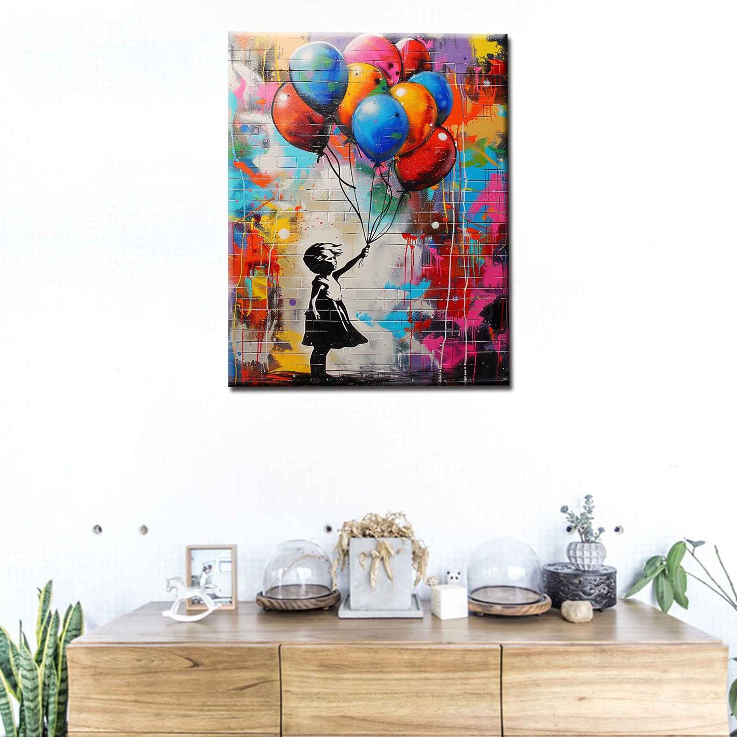 Girl with Balloons Against Graffiti Wall Canvas Wall Art