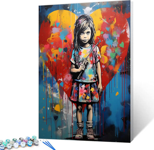 Cute Little Girl and Graffiti Heart Paint by Numbers