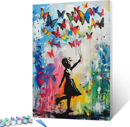 Little Girl Banksy Style Colorful Butterflies Paint by Numbers