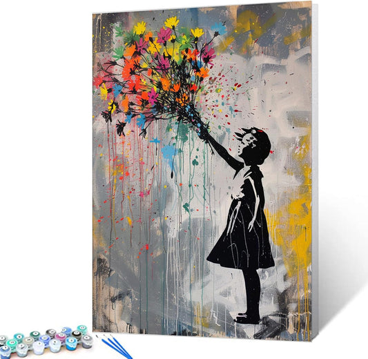 Girl Throw Colorful Flowers Graffiti Paint by Numbers