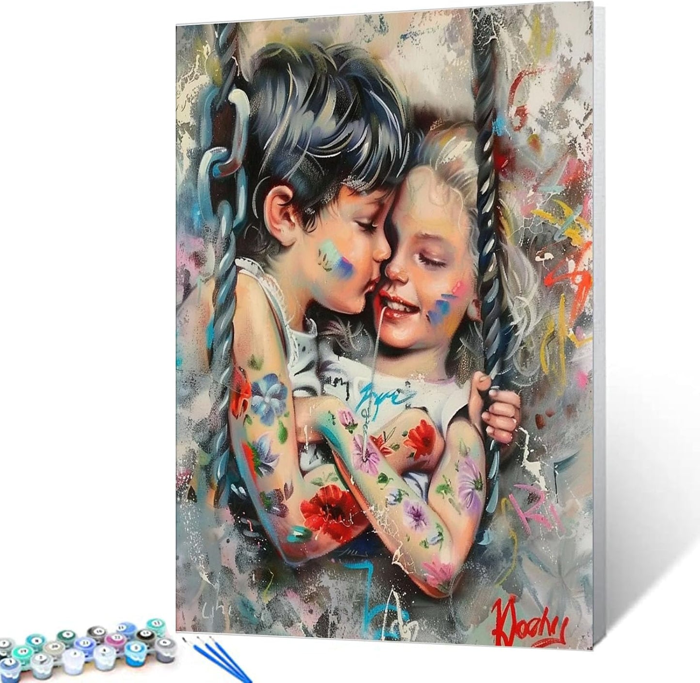 Little Girl and Boy Kissing Graffiti Paint by Numbers