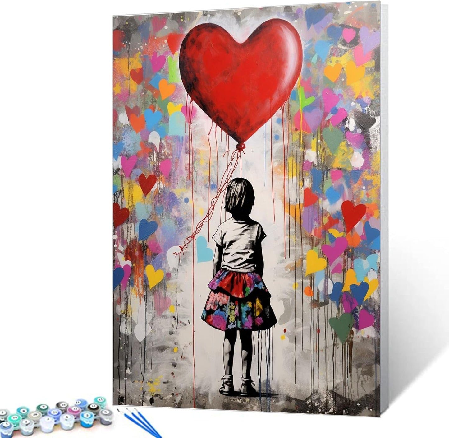 Little Girl and Red Heart Balloon Paint by Numbers