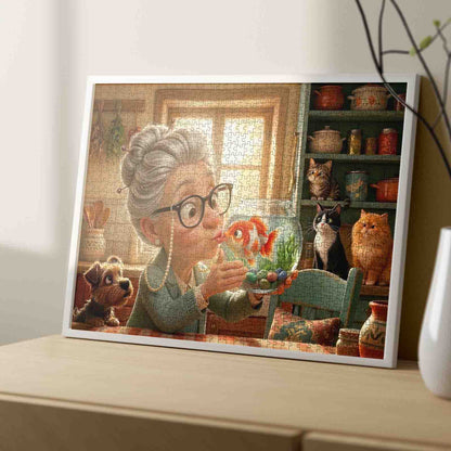 Grandma Goldfish Kiss Moment Jigsaw Puzzle