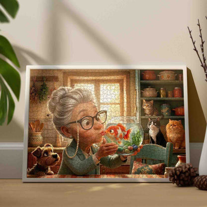 Grandma Goldfish Kiss Moment Jigsaw Puzzle