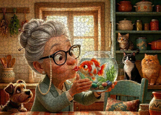 Grandma Goldfish Kiss Moment Jigsaw Puzzle