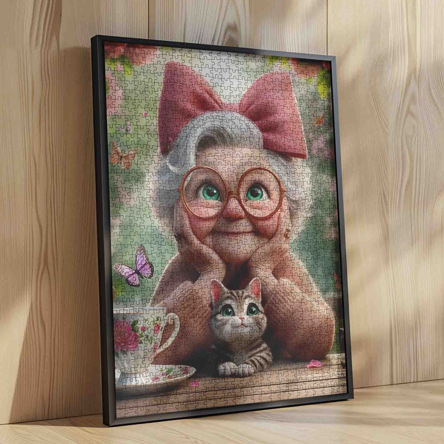 Grandma With Pink Bow and Kitten Jigsaw Puzzle