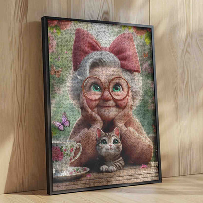 Grandma With Pink Bow and Kitten Jigsaw Puzzle