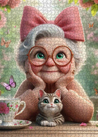 Grandma With Pink Bow and Kitten Jigsaw Puzzle
