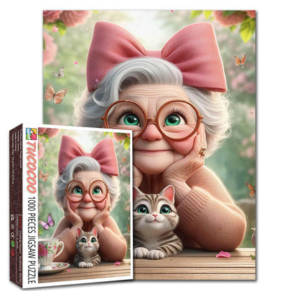 Grandma With Pink Bow and Kitten Jigsaw Puzzle