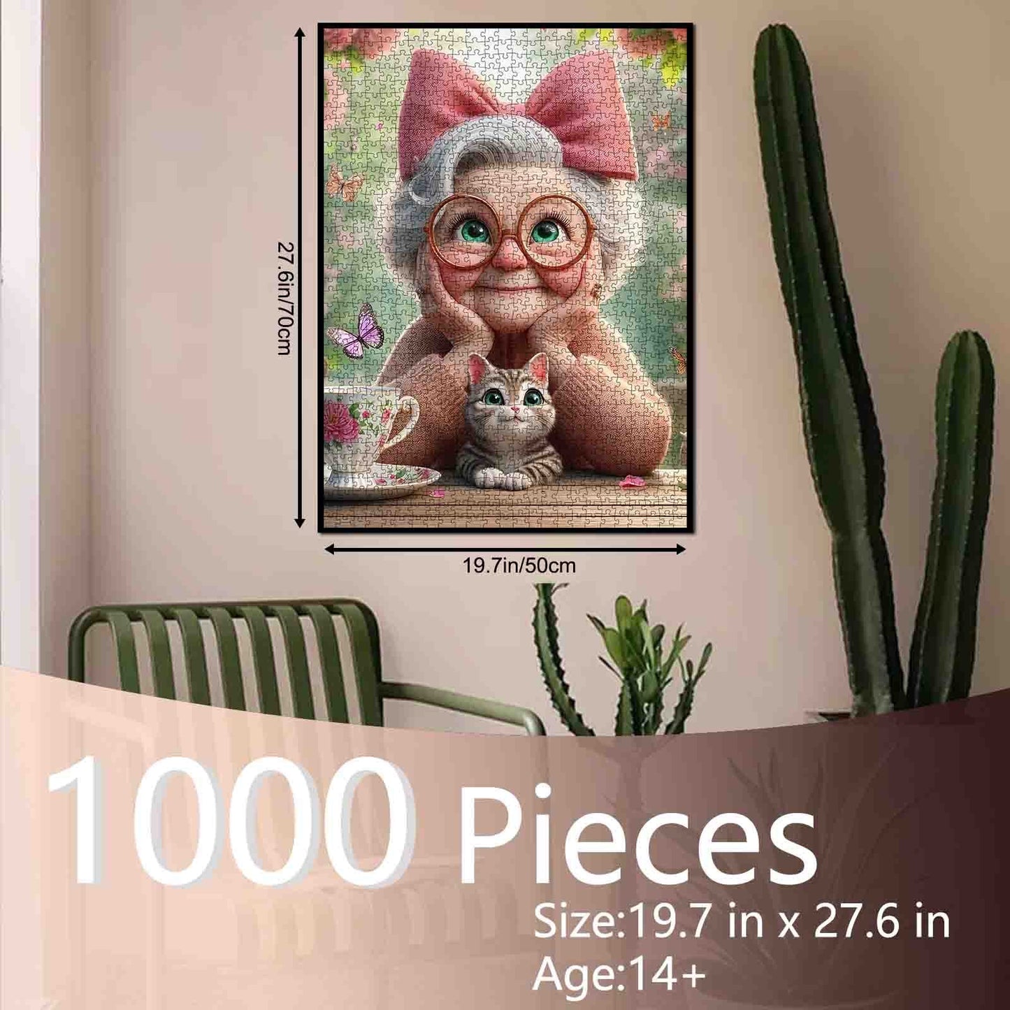 Grandma With Pink Bow and Kitten Jigsaw Puzzle