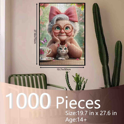 Grandma With Pink Bow and Kitten Jigsaw Puzzle