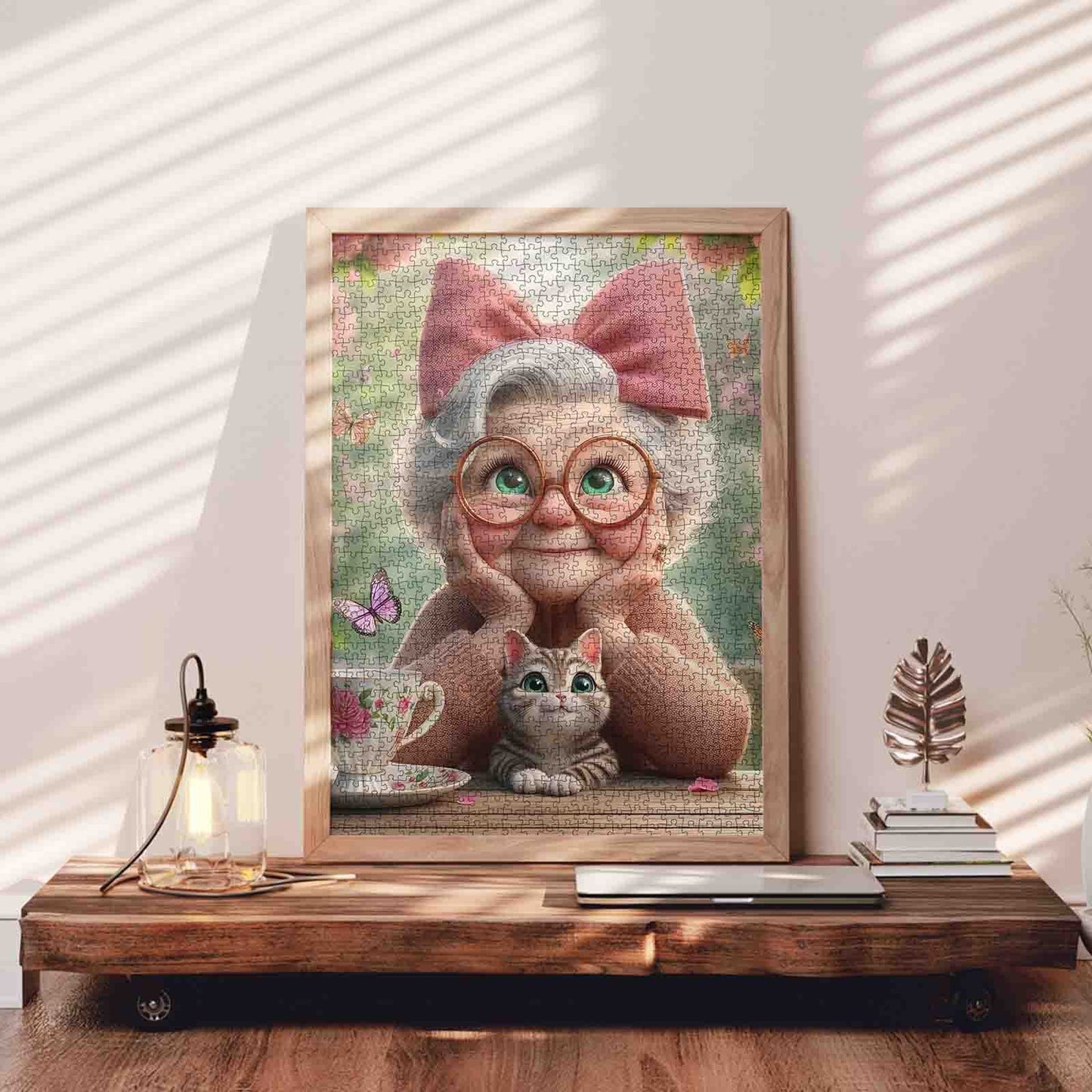 Grandma With Pink Bow and Kitten Jigsaw Puzzle