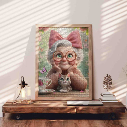 Grandma With Pink Bow and Kitten Jigsaw Puzzle