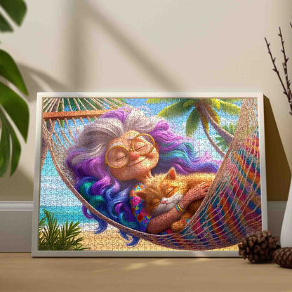 Grandma and Cat Hammock Jigsaw Puzzle