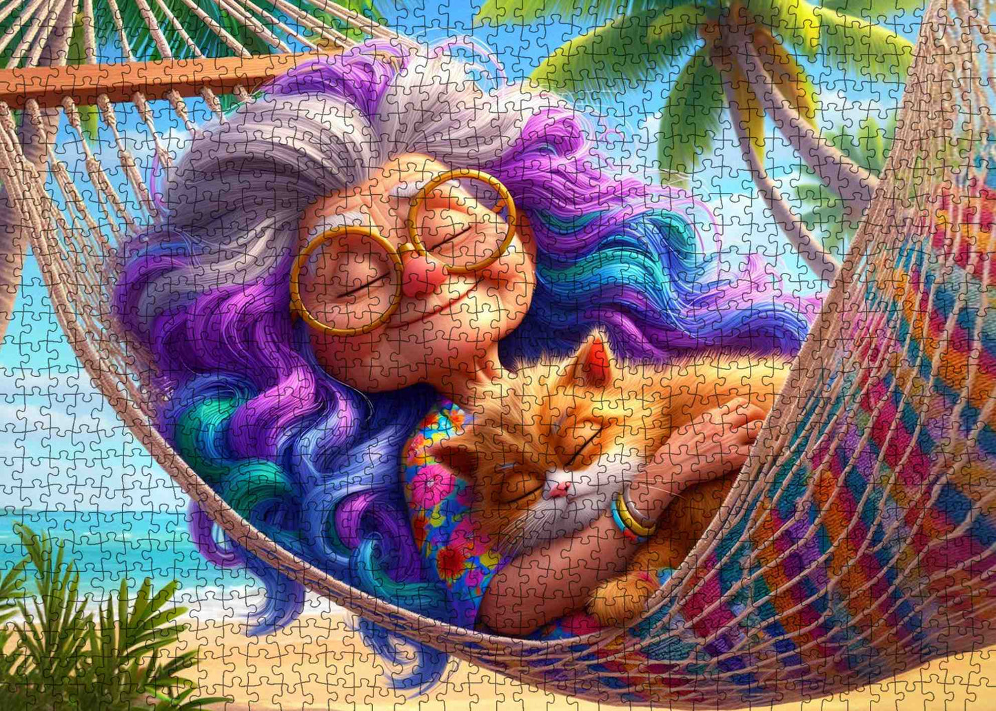 Grandma and Cat Hammock Jigsaw Puzzle