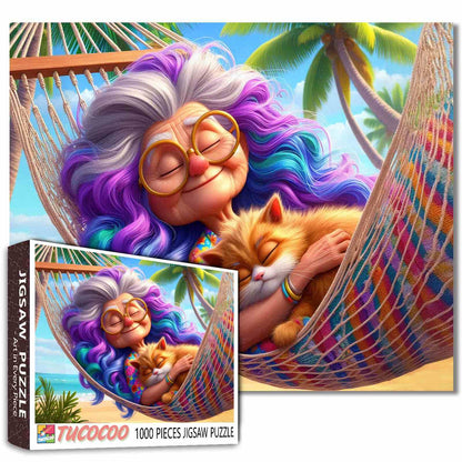 Grandma and Cat Hammock Jigsaw Puzzle