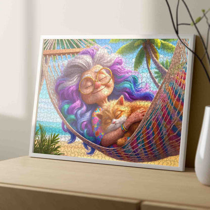 Grandma and Cat Hammock Jigsaw Puzzle