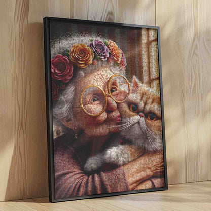 Grandma and Cat Hug Jigsaw Puzzle