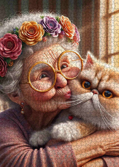 Grandma and Cat Hug Jigsaw Puzzle