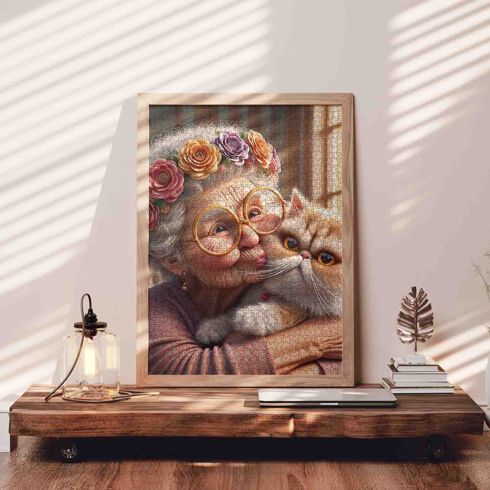 Grandma and Cat Hug Jigsaw Puzzle