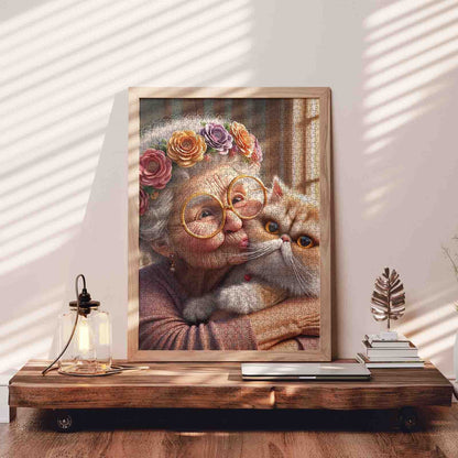 Grandma and Cat Hug Jigsaw Puzzle