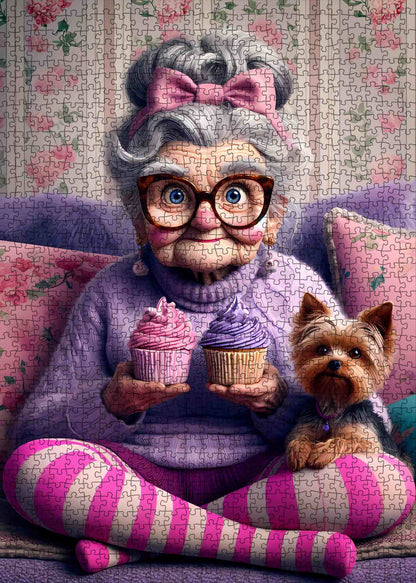 Grandma with Cupcakes and Yorkie Jigsaw Puzzle