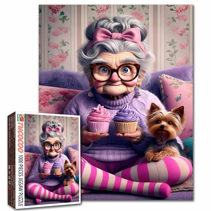 Grandma with Cupcakes and Yorkie Jigsaw Puzzle