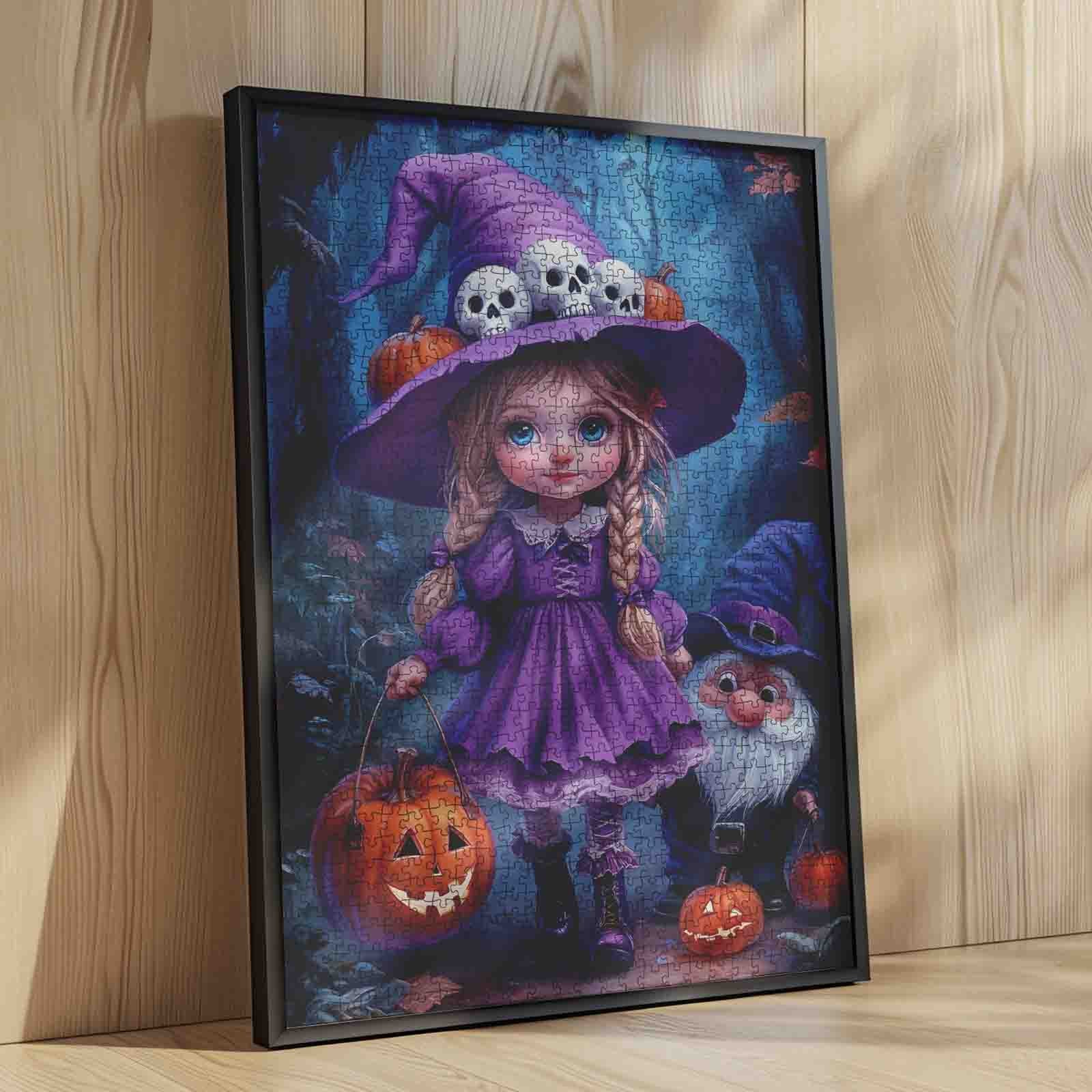 Halloween Cute Purple Girl with Skull Hat Jigsaw Puzzle