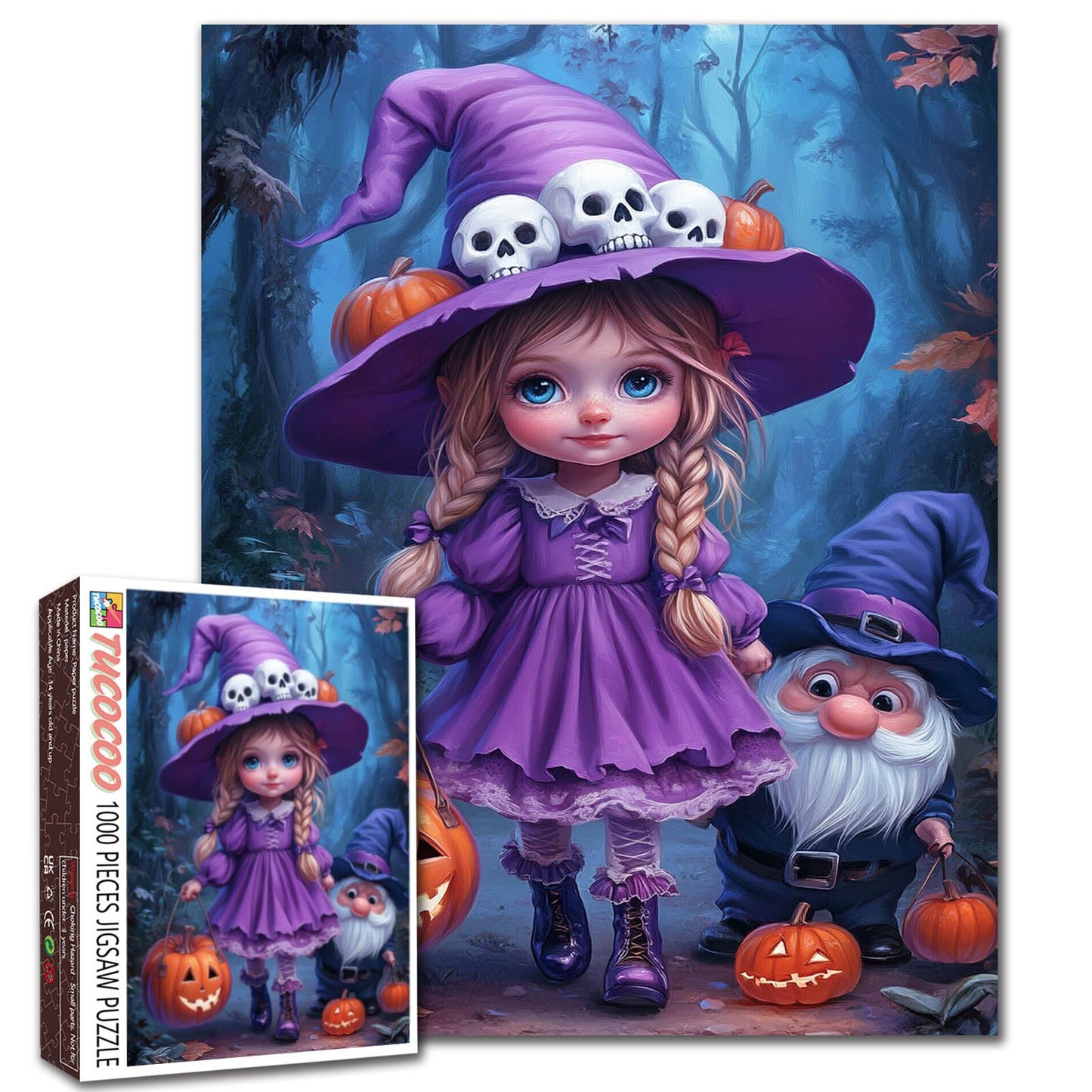 Halloween Cute Purple Girl with Skull Hat Jigsaw Puzzle