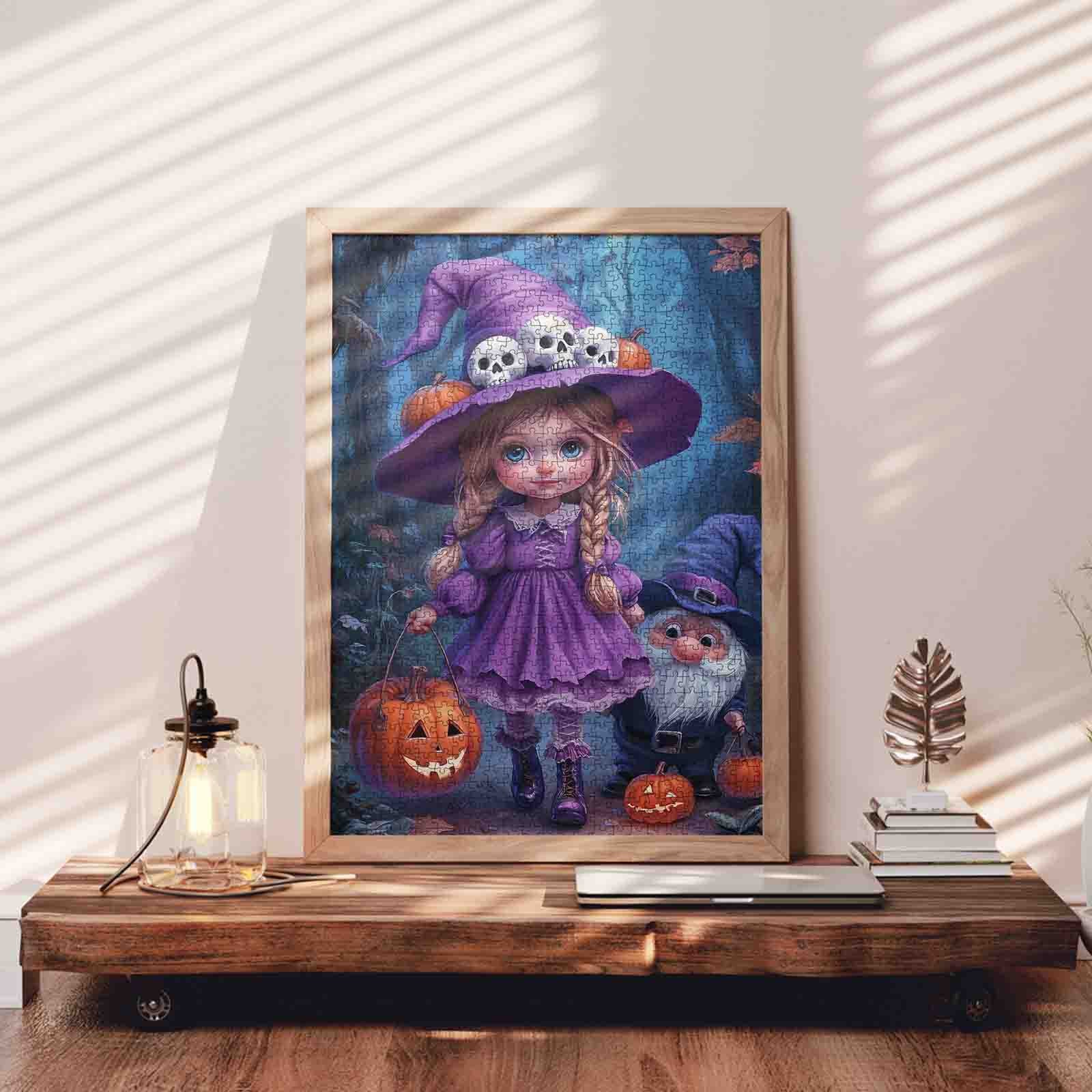 Halloween Cute Purple Girl with Skull Hat Jigsaw Puzzle