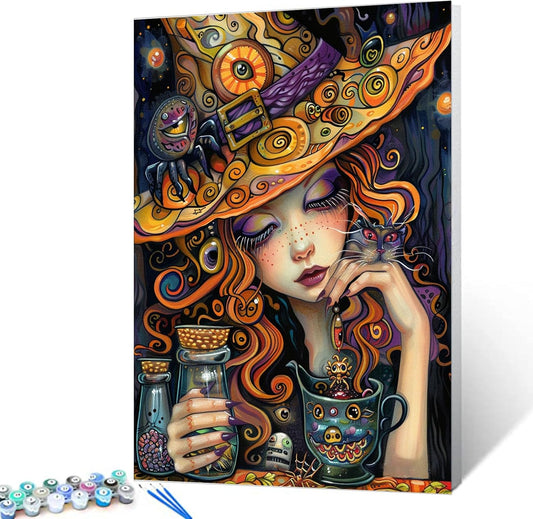 Cute Witch with Yellow Hat Paint by Numbers