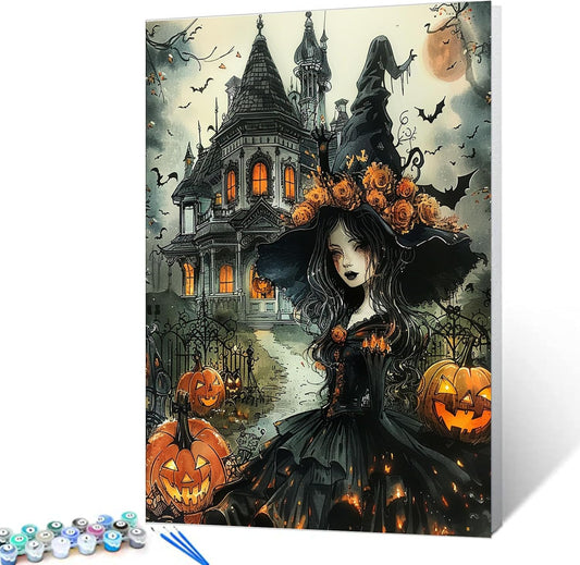 Halloween Gothic Castle Black Witch Paint by Numbers