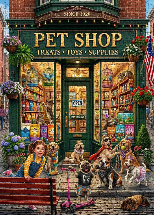 Happy Dogs at Vintage Pet Shop Jigsaw Puzzle