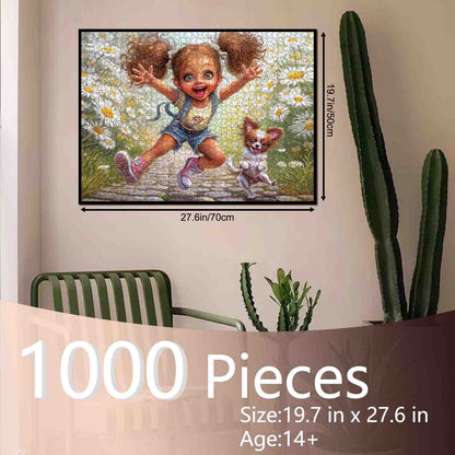 Happy Girl Daisy Field Puppy Joy Jigsaw Puzzle