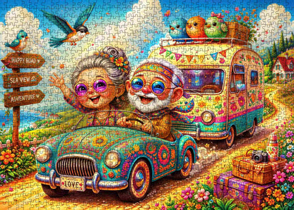 Happy Senior Couple Road Trip Jigsaw Puzzle